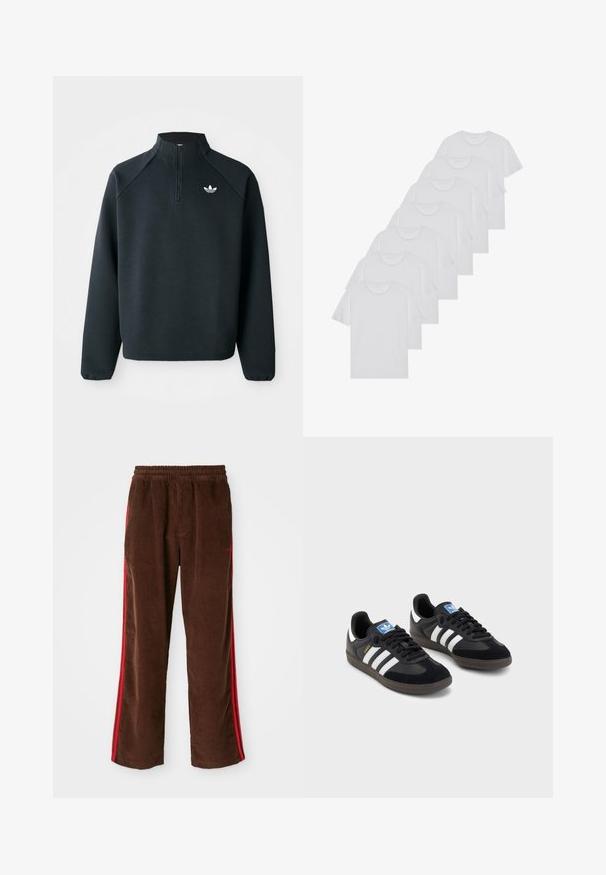 Svart quarter-zip hettegenser laget av mykt stoff, med raglanermer og hvit logo på brystet. Ermelinjene er elastiske.; Hvite bomulls T-skjorter, korte ermer, rund hals-design, enkel tekstur, stablet i en rekke, med subtil merking ved halsen.; Brune cordfløyelsbukser med elastisk midje, med røde sideoverstriper og rette ben. Teksturert stoff med subtile ribbe- detaljer.; Svarte sneakers med overdel i semsket lær og syntetisk materiale, med tre hvite striper, strukturert gummisåle og blå logoetikett på tungen.