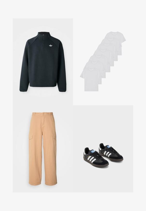 Čierna mikina so štvrťovým zipsom vyrobená z mäkkej tkaniny, s raglánovými rukávmi a bielym logom na hrudi. Rukávy sú elastické.; Biele bavlnené trička, krátke rukávy, dizajn s okrúhlym výstrihom, hladká textúra, naskladané v rade, so subtilným brandingom na výstrihu.; Béžové široké cargo nohavice vyrobené z ľahkého materiálu, s dvoma bočnými vreckami a zapínaním na gombík v oblasti pásu. Mäkčená textúra.; Čierne tenisky so zvrškom z semišu a syntetického materiálu, s tromi bielymi pruhmi, štruktúrovanou gumovou podrážkou a modrou logovou etiketou na jazyku.