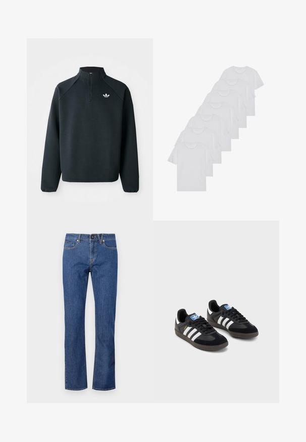 Sweat-shirt noir à zip quart en tissu doux, avec des manches raglan et un logo blanc sur la poitrine. Les poignets sont élastiques.; T-shirts en coton blanc, à manches courtes, design col rond, texture uniforme, empilés en rangée, avec un logo subtil au niveau de l'encolure.; Jean en denim bleu, coupe droite, avec fermeture à bouton, passants de ceinture et cinq poches ornées de détails de couture subtils.; Des baskets noires avec une tige en suède et en matériaux synthétiques, dotées de trois rayures blanches, d'une semelle en caoutchouc texturé et d'une étiquette de logo bleue sur la languette.