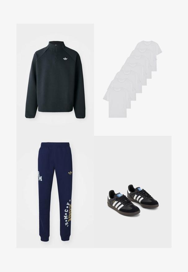 Sweatshirt preto com fecho de correr até ao peito, feito de um tecido suave, com mangas raglan e logótipo branco no peito. As mangas têm punhos elásticos.; T-shirts brancos de algodão, mangas curtas, design de gola redonda, com textura lisa, empilhados em fila, com uma marcação subtil na gola.; Calças de treino azul marinho com cintura elástica. Apresentam um logotipo dourado da Adidas e padrões de texto em branco, feitas de um tecido suave. Punhos ajustáveis.; Sneakers pretos com parte superior em camurça e sintético, apresentando três riscas brancas, sola de borracha texturizada e etiqueta azul no linguete.