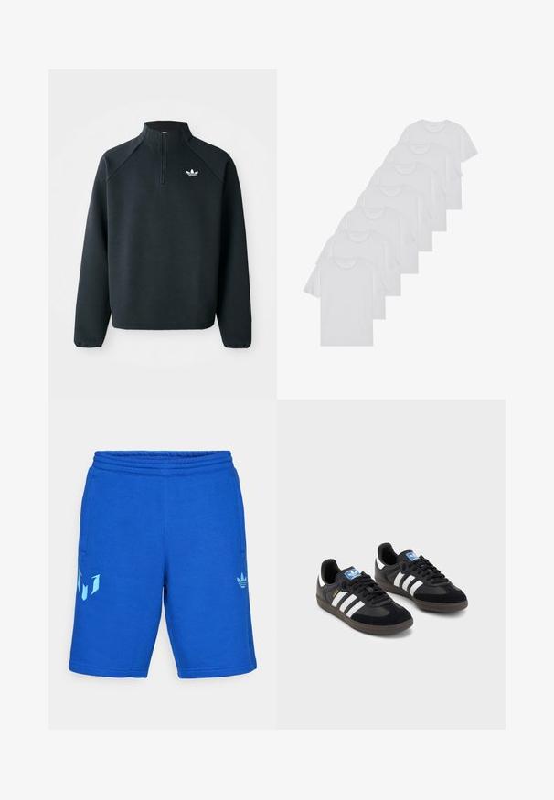 Sweatshirt preto com fecho de correr até ao peito, feito de um tecido suave, com mangas raglan e logótipo branco no peito. As mangas têm punhos elásticos.; T-shirts brancos de algodão, mangas curtas, design de gola redonda, com textura lisa, empilhados em fila, com uma marcação subtil na gola.; Calções desportivos de algodão azuis com cintura elástica, dois bolsos laterais e detalhes em azul claro no lado esquerdo da perna e na cintura.; Sneakers pretos com parte superior em camurça e sintético, apresentando três riscas brancas, sola de borracha texturizada e etiqueta azul no linguete.