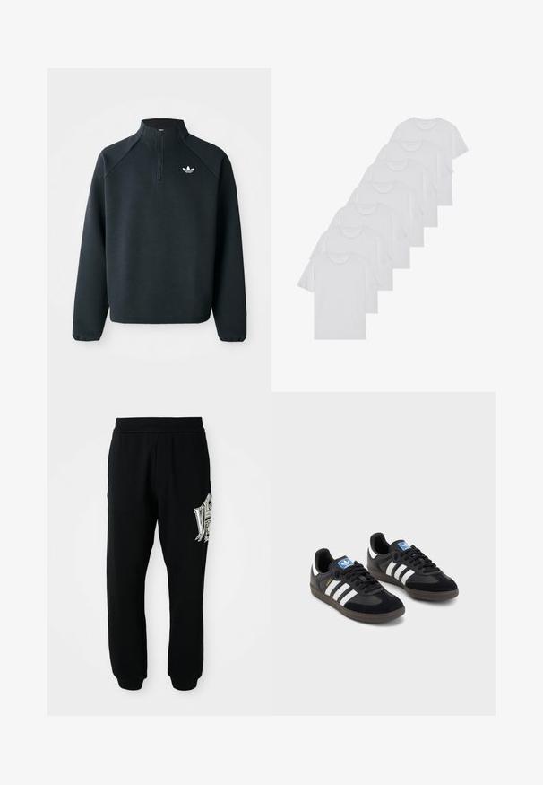 Hanorac negru cu fermoar la jumătate, realizat dintr-un material moale, cu mâneci raglan și logo alb pe piept. Mansetele sunt elastice.; Tricouri din bumbac albe, cu mâneci scurte, design cu guler rotund, textură simplă, așezate într-un rând, cu o marcă subtilă la guler.; Pantaloni de trening negri, confecționați dintr-un material moale, având un brâu și manșete cu model texturat. Include o imprimare grafică albă și gri pe piciorul stâng.; Tenisi negri cu superior din suede și sintetic, având trei dungi albe, talpă din cauciuc texturat și etichetă albastră cu logo pe limbă.