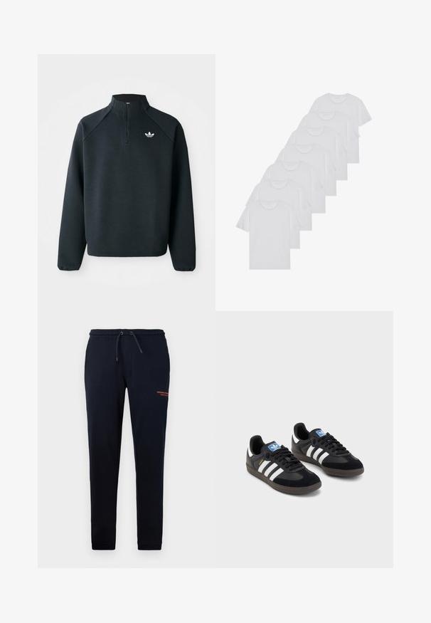 Melna puszipa mīksta auduma krekls ar raglan piedurknēm un balto logotipu uz krūtīm. Piedurknes ir elastīgas.; Baltie kokvilnas T-krekli, īsas piedurknes, apaļas izgriezuma dizains, vienkārša tekstūra, sakrauti rindā, ar smalku zīmolu pie kakla izgriezuma.; Jūras spēku melnas vilkšanas jogger bikses ar sānu kabatām, sašaurinātām kājām un oranžu tekstu "WEEKEND OFFICER" uz labā augšstilba. Mīksts kokvilnas auduma maisījums.; Melnas sporta apavas ar zamšādas un sintētisku augšdaļu, ar trim baltām svītrām, teksturētu gumijas zoli un zilu logo birku uz mēles.