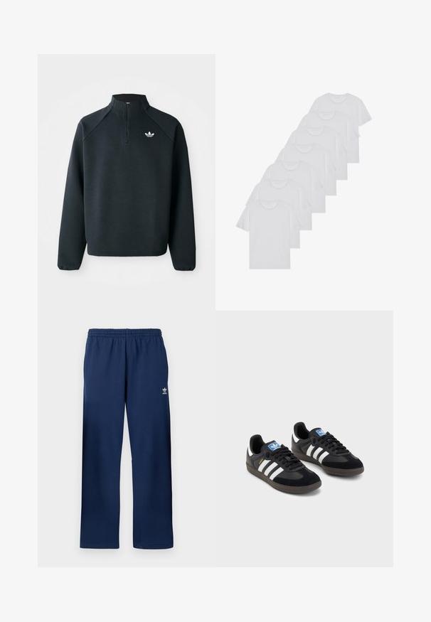 Čierna mikina so štvrťovým zipsom vyrobená z mäkkej tkaniny, s raglánovými rukávmi a bielym logom na hrudi. Rukávy sú elastické.; Biele bavlnené trička, krátke rukávy, dizajn s okrúhlym výstrihom, hladká textúra, naskladané v rade, so subtilným brandingom na výstrihu.; Tmavomodré teplákové nohavice Adidas s elastickým pásom a malým bielym logom Adidas na hornom ľavom stehne.; Čierne tenisky so zvrškom z semišu a syntetického materiálu, s tromi bielymi pruhmi, štruktúrovanou gumovou podrážkou a modrou logovou etiketou na jazyku.
