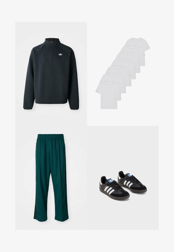 Μαύρο φούτερ με φερμουάρ μέχρι το μισό, φτιαγμένο από μαλακό ύφασμα, με ραγκλάν μανίκια και λευκό λογότυπο στο στήθος. Οι μανσέτες είναι ελαστικές.; Λευκά βαμβακερά T-shirts, κοντά μανίκια, σχέδιο με λαιμόκοψη, απλή υφή, στοιβαγμένα σε σειρά, με διακριτική επωνυμία στον λαιμό.; Σκούρο πράσινο αθλητικό παντελόνι με ελαστική μέση, ίσια γραμμή και μαύρες ρίγες στο πλάι. Φτιαγμένο από μαλακό, ελαστικό ύ stoff.; Μαύρα αθλητικά παπούτσια με επάνω μέρος από σουέτ και συνθετικό υλικό, με τρεις λευκές ρίγες, υφασμάτινη σόλα από καουτσούκ και μπλε ταυτότητα λογότυπου στη γλώσσα.