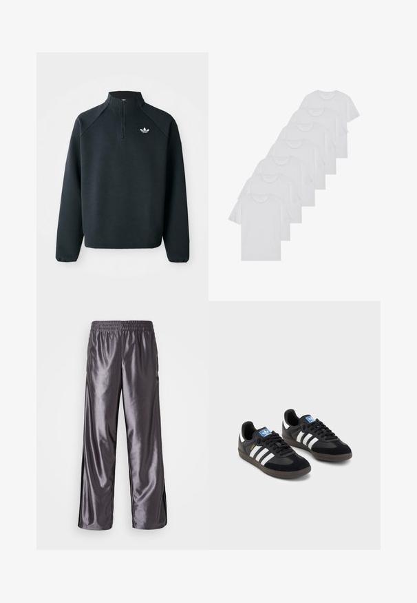 Black quarter-zip sweatshirt made of soft fabric, featuring raglan sleeves and white logo on the chest. Cuffs are elasticized.; White cotton T-shirts, short sleeves, crew neck design, plain texture, stacked in a row, with subtle branding at the neckline.; Gray shiny athletic pants with a loose fit, an elastic waistband, and black side accents. The texture appears sleek and smooth.; Black sneakers with a suede and synthetic upper, featuring three white stripes, textured rubber sole, and blue logo tag on the tongue.