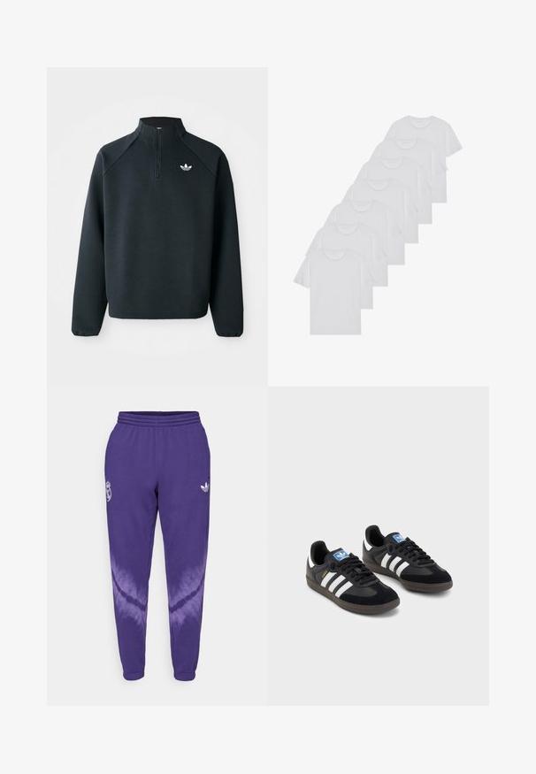 Sweatshirt preto com fecho de correr até ao peito, feito de um tecido suave, com mangas raglan e logótipo branco no peito. As mangas têm punhos elásticos.; T-shirts brancos de algodão, mangas curtas, design de gola redonda, com textura lisa, empilhados em fila, com uma marcação subtil na gola.; Calças de sudoeste de algodão roxas com um logo branco da Adidas e o emblema do Real Madrid. Apresenta um efeito de dip-dye que transita para um roxo mais claro na parte inferior.; Sneakers pretos com parte superior em camurça e sintético, apresentando três riscas brancas, sola de borracha texturizada e etiqueta azul no linguete.