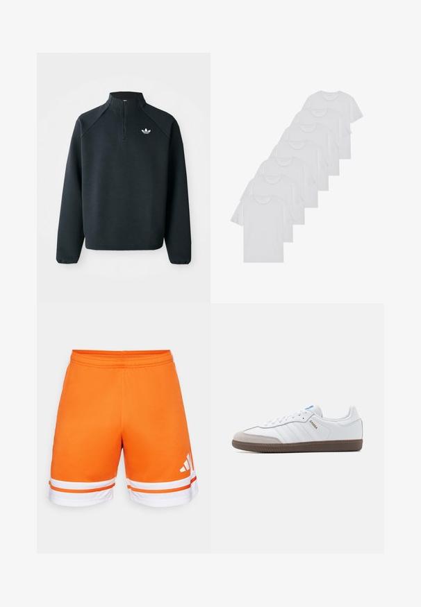 Sweat-shirt noir à zip quart en tissu doux, avec des manches raglan et un logo blanc sur la poitrine. Les poignets sont élastiques.; T-shirts en coton blanc, à manches courtes, design col rond, texture uniforme, empilés en rangée, avec un logo subtil au niveau de l'encolure.; Shorts de sport orange avec une texture lisse, une taille élastique et des rayures blanches à l'ourlet. Logo à trois rayures blanc sur le côté.; Baskets en cuir blanc avec un capuchon en suède gris, trois rayures blanches horizontales, un accent bleu et une semelle en caoutchouc marron. Détail texturé sur la semelle.
