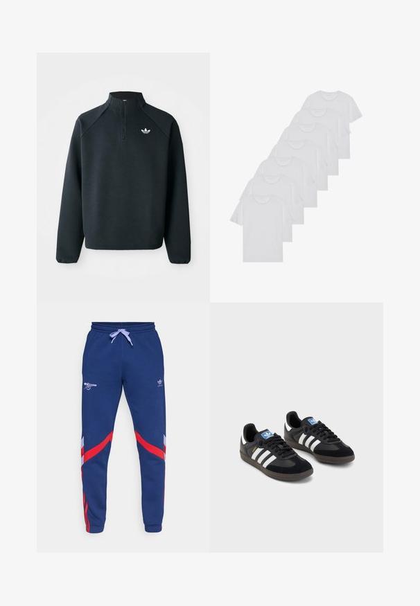 Sudadera negra con cremallera en el cuello hecha de tela suave, con mangas raglán y logo blanco en el pecho. Los puños son elásticos.; Camisetas de algodón blancas, de manga corta, con diseño de cuello redondo, textura lisa, apiladas en una fila, con un sutil logo en el cuello.; adidas Originals ARSENAL LONDON OG PANT - Equipación de clubes - night sky; Zapatillas negras con un upper de ante y sintético, con tres rayas blancas, suela de goma texturizada y etiqueta de logo azul en la lengüeta.