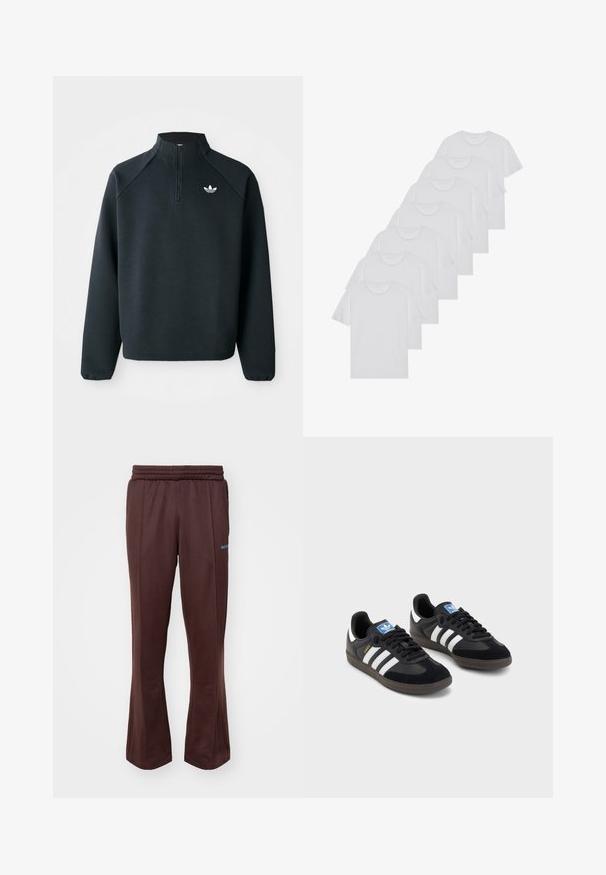 Sweatshirt preto com fecho de correr até ao peito, feito de um tecido suave, com mangas raglan e logótipo branco no peito. As mangas têm punhos elásticos.; T-shirts brancos de algodão, mangas curtas, design de gola redonda, com textura lisa, empilhados em fila, com uma marcação subtil na gola.; Calças atléticas castanhas com um design evasé, feitas de um tecido macio, apresentando uma cintura elástica e um detalhe de logótipo azul claro na lateral.; Sneakers pretos com parte superior em camurça e sintético, apresentando três riscas brancas, sola de borracha texturizada e etiqueta azul no linguete.
