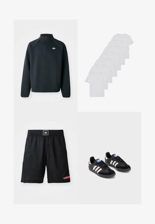 Sweatshirt preto com fecho de correr até ao peito, feito de um tecido suave, com mangas raglan e logótipo branco no peito. As mangas têm punhos elásticos.; T-shirts brancos de algodão, mangas curtas, design de gola redonda, com textura lisa, empilhados em fila, com uma marcação subtil na gola.; Calções atléticos pretos feitos de um tecido texturizado e respirável. Apresenta um cós elástico e um logótipo rosa "adidas" no canto inferior direito.; Sneakers pretos com parte superior em camurça e sintético, apresentando três riscas brancas, sola de borracha texturizada e etiqueta azul no linguete.