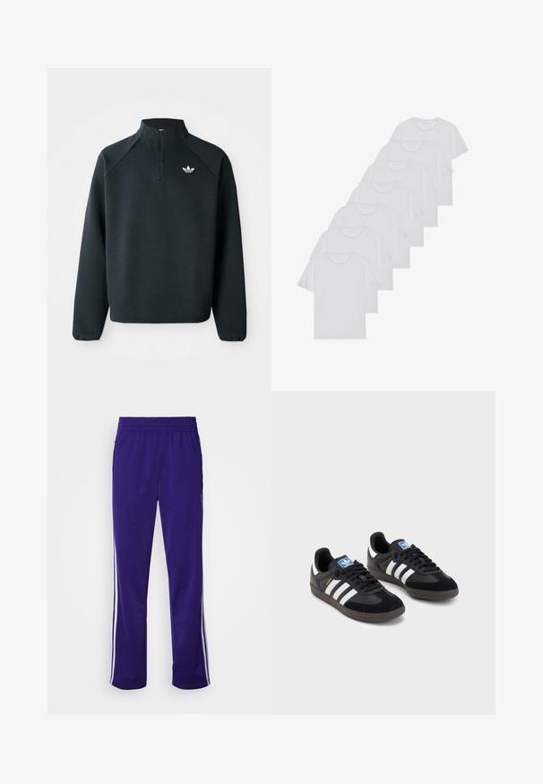 Schwarzer Quarter-Zip-Sweatshirt aus weichem Material, mit Raglanärmeln und einem weißen Logo auf der Brust. Die Bündchen sind elastisch.; Weiße Baumwoll-T-Shirts, kurze Ärmel, Rundhals-Design, schlichte Textur, in einer Reihe gestapelt, mit dezentem Branding am Hals.; Lila Sport-Hosen mit einem elastischen Bund, ausgestattet mit weißen seitlichen Streifen und einer glatten, synthetischen Stoffoberfläche.; Schwarze Sneaker mit einem Obermaterial aus Wildleder und Synthetik, ausgestattet mit drei weißen Streifen, einer strukturierten Gummi-Sohle und einem blauen Logo-Tag auf der Zunge.
