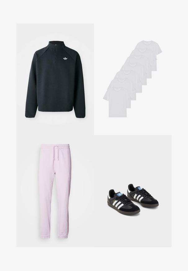 Crni dukserica s četvrtim zatvaračem izrađena od mekog materijala, s raglan rukavima i bijelim logotipom na prsima. Manžetne su elastične.; Bijele pamučne majice, kratki rukavi, dizajn s okruglim izrezom, jednostavne teksture, složene u red, s suptilnim brendiranjem na izrezu.; Svijetlo ružičaste trenirke od pamuka, s elastičnom trakom u struku i vezicom, sužavaju se na gležnjevima i imaju suptilan izvezeni logo.; Crne tenisice s gornjim dijelom od antilopa i sintetičkog materijala, s tri bijele pruge, teksturiranom gumenom potplatom i plavom oznakom na jeziku.