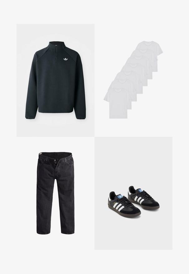Črna pulover s četrt zadrgo, izdelan iz mehkega blaga, z raglan rokavi in belim logotipom na prsih. Manšete so elastične.; Beli bombažni T-majici, kratki rokavi, krožni izrez, enostavna tekstura, zloženi v vrsto, s subtilnim logotipom na vratu.; Črne denim hlače s ravno krojenjem, petimi žepi, gumbom za zaponko in oranžnimi šivi. Rahlo zbledela tekstura po celotni površini.; Črne športne copate z zgornjim delom iz semiša in sintetičnih materialov, ki imajo tri bele črte, teksturiran gumijast podplat in modro označevalno oznako na jeziku.