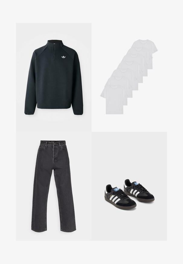 Sweat-shirt noir à zip quart en tissu doux, avec des manches raglan et un logo blanc sur la poitrine. Les poignets sont élastiques.; T-shirts en coton blanc, à manches courtes, design col rond, texture uniforme, empilés en rangée, avec un logo subtil au niveau de l'encolure.; Jeans taille haute, jambe droite en denim gris foncé, avec un design classique à cinq poches et des coutures contrastantes sur les seams.; Des baskets noires avec une tige en suède et en matériaux synthétiques, dotées de trois rayures blanches, d'une semelle en caoutchouc texturé et d'une étiquette de logo bleue sur la languette.