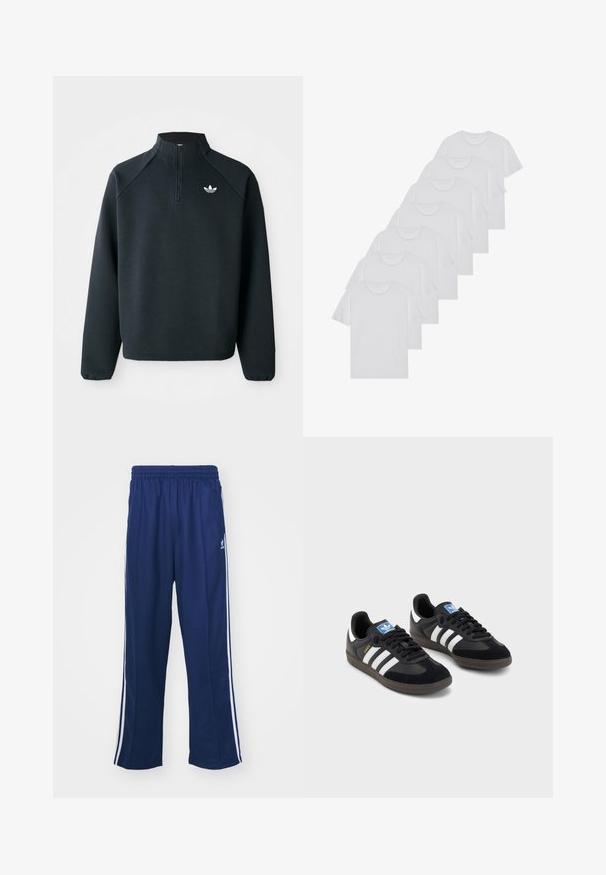 Felpa nera a mezza zip realizzata in tessuto morbido, con maniche raglan e logo bianco sul petto. I polsini sono elasticizzati.; T-shirt bianchi in cotone, maniche corte, design a collo tondo, texture liscia, impilati in fila, con un sottile marchio all'altezza del collo.; Pantaloni da ginnastica blu navy con vestibilità comoda, dotati di strisce laterali bianche e di una vita elastica. Tessuto liscio, senza motivi visibili o accessori.; Sneakers neri con tomaia in suede e materiale sintetico, caratterizzati da tre strisce bianche, suola in gomma testurizzata e etichetta blu sul linguetta.