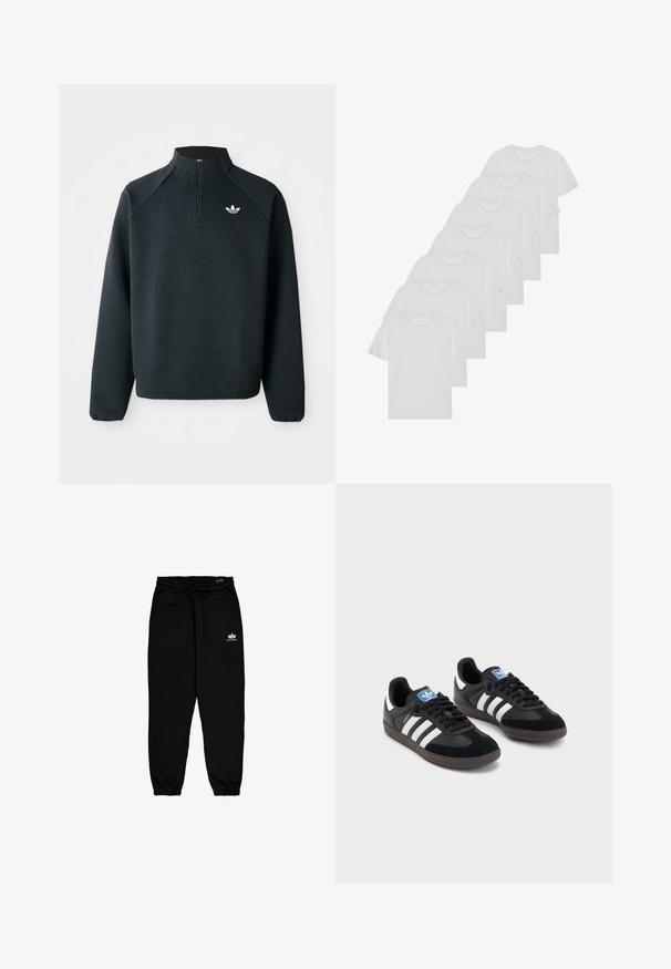 Czarna bluza z zipem do połowy wykonana z miękkiego materiału, z rękawami raglanowymi i białym logo na piersi. Rękawy są elastyczne.; Białe bawełniane koszulki, krótki rękaw, design z okrągłym dekoltem, gładka faktura, ułożone w rzędzie, z subtelnym logo przy dekolcie.; Czarne spodnie dresowe wykonane z miękkiego, elastycznego materiału. Posiadają elastyczny pasek w talii ze sznurkiem oraz elastyczne mankiety. Małe białe logo na biodrze.; Czarne sneakersy z zamszową i syntetyczną cholewką, wyposażone w trzy białe paski, teksturowaną gumową podeszwę oraz niebieską metkę z logo na języku.