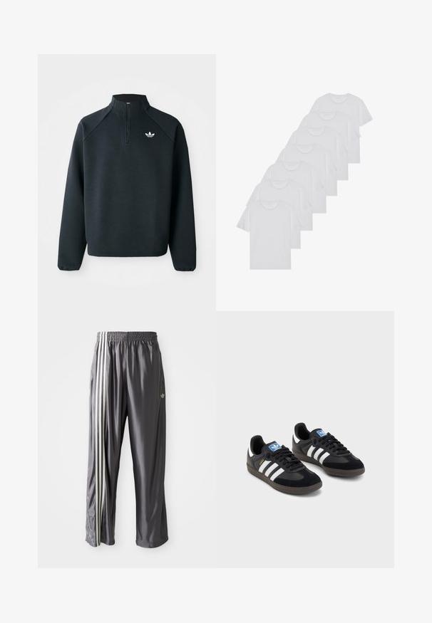 Czarna bluza z zipem do połowy wykonana z miękkiego materiału, z rękawami raglanowymi i białym logo na piersi. Rękawy są elastyczne.; Białe bawełniane koszulki, krótki rękaw, design z okrągłym dekoltem, gładka faktura, ułożone w rzędzie, z subtelnym logo przy dekolcie.; Szare spodnie dresowe wykonane z gładkiego materiału, z trzema białymi paskami po bokach i haftowanym logo z przodu.; Czarne sneakersy z zamszową i syntetyczną cholewką, wyposażone w trzy białe paski, teksturowaną gumową podeszwę oraz niebieską metkę z logo na języku.