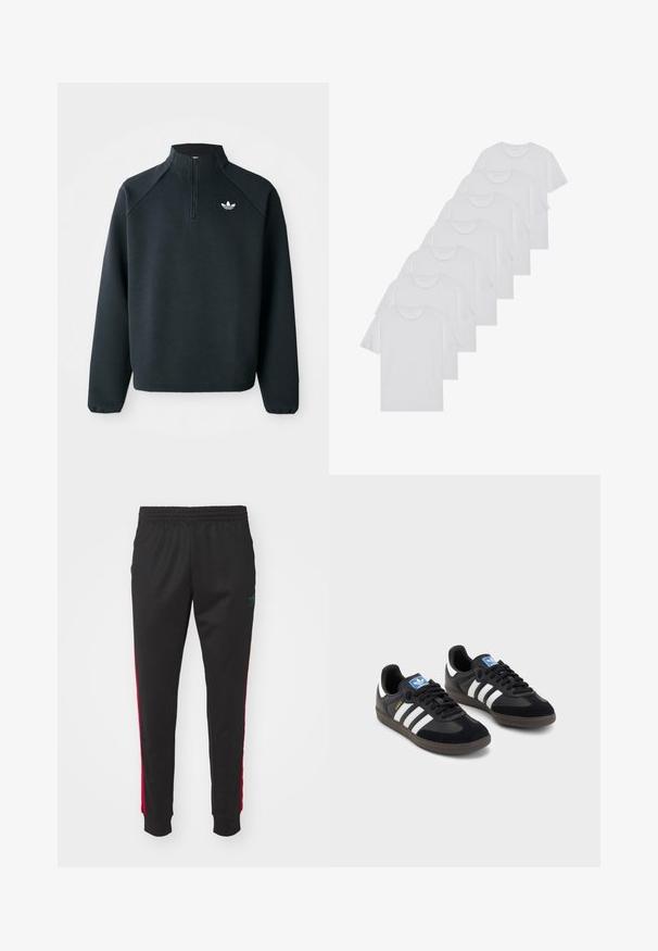 Μαύρο φούτερ με φερμουάρ μέχρι το μισό, φτιαγμένο από μαλακό ύφασμα, με ραγκλάν μανίκια και λευκό λογότυπο στο στήθος. Οι μανσέτες είναι ελαστικές.; Λευκά βαμβακερά T-shirts, κοντά μανίκια, σχέδιο με λαιμόκοψη, απλή υφή, στοιβαγμένα σε σειρά, με διακριτική επωνυμία στον λαιμό.; Μαύρο αθλητικό παντελόνι με κορδόνι στη μέση, που διαθέτει κόκκινες λωρίδες στο πλάι και πράσινη λογότυπη λεπτομέρεια. Τα πόδια στενεύουν προς τους αστραγάλους με ελαστικούς ιμάντες.; Μαύρα αθλητικά παπούτσια με επάνω μέρος από σουέτ και συνθετικό υλικό, με τρεις λευκές ρίγες, υφασμάτινη σόλα από καουτσούκ και μπλε ταυτότητα λογότυπου στη γλώσσα.