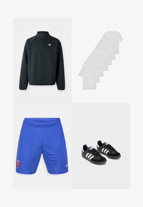 Sweatshirt preto com fecho de correr até ao peito, feito de um tecido suave, com mangas raglan e logótipo branco no peito. As mangas têm punhos elásticos.; T-shirts brancos de algodão, mangas curtas, design de gola redonda, com textura lisa, empilhados em fila, com uma marcação subtil na gola.; Calções atléticos azuis com um cós elástico, apresentando um pequeno logótipo vermelho e branco na coxa esquerda e um logótipo dourado da Adidas à direita.; Sneakers pretos com parte superior em camurça e sintético, apresentando três riscas brancas, sola de borracha texturizada e etiqueta azul no linguete.