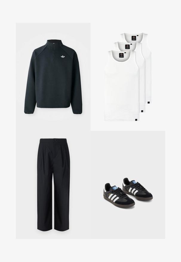 Sweatshirt preto com fecho de correr até ao peito, feito de um tecido suave, com mangas raglan e logótipo branco no peito. As mangas têm punhos elásticos.; Três tops em algodão de alças brancas com nervuras. Apresentam um decote redondo e pequenas etiquetas pretas perto da bainha. Disponíveis em vários tamanhos.; Calças largas pretas com cintura alta, apresentando pregas frontais e um fecho com um único botão. Feitas de um tecido leve e suave.; Sneakers pretos com parte superior em camurça e sintético, apresentando três riscas brancas, sola de borracha texturizada e etiqueta azul no linguete.