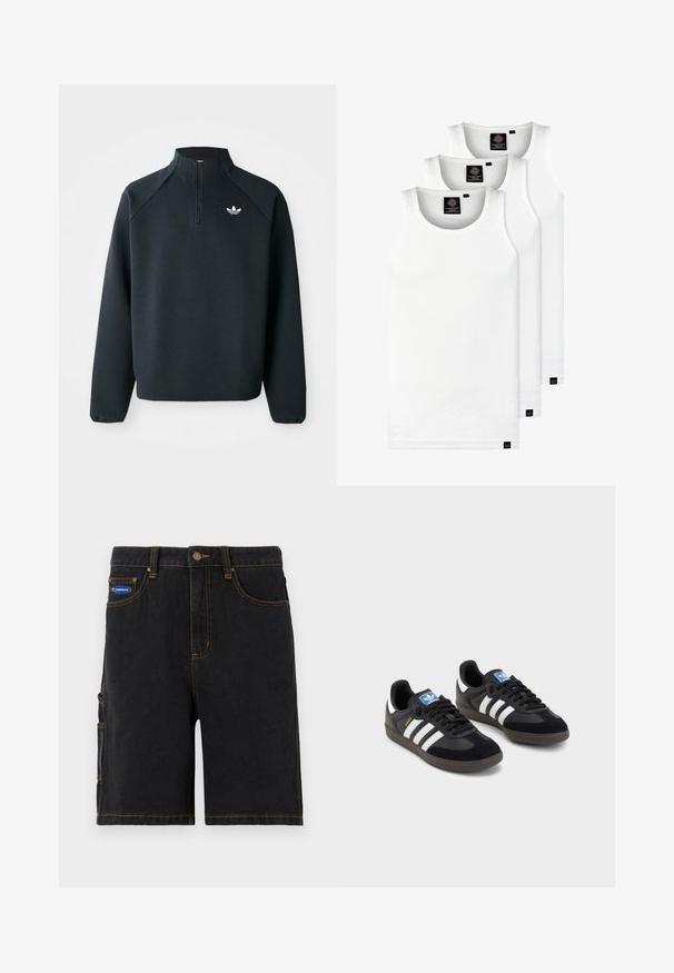 Sudadera negra con cremallera en el cuello hecha de tela suave, con mangas raglán y logo blanco en el pecho. Los puños son elásticos.; Tres camisetas sin mangas de algodón de color blanco con canalé. Cuentan con cuello redondo y pequeñas etiquetas negras cerca del dobladillo. Disponibles en múltiples tamaños.; Pantalones cortos de mezclilla negra con bolsillos frontales, un bolsillo lateral tipo cargo y costuras en naranja. Cuenta con un cierre de botón metálico y un parche de marca.; Zapatillas negras con un upper de ante y sintético, con tres rayas blancas, suela de goma texturizada y etiqueta de logo azul en la lengüeta.