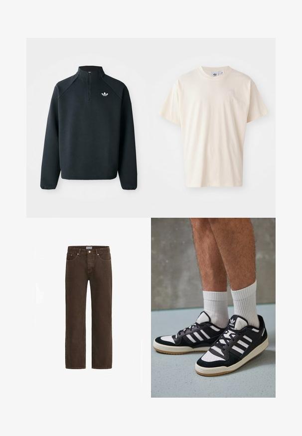 Svart quarter-zip hettegenser laget av mykt stoff, med raglanermer og hvit logo på brystet. Ermelinjene er elastiske.; Kremfarget bomullst-skjorte med rund hals og korte ermer; har en liten, lysfarget logo på brystet.; Brune denimjeans med rett ben, fem-lomme design og metalldetaljer. Har knappelukking og merket midjebånd.; Sorte og hvite sneakers med overdel i semsket skinn og lær, med tre hvite striper, perforert tå og en såle av gummi.