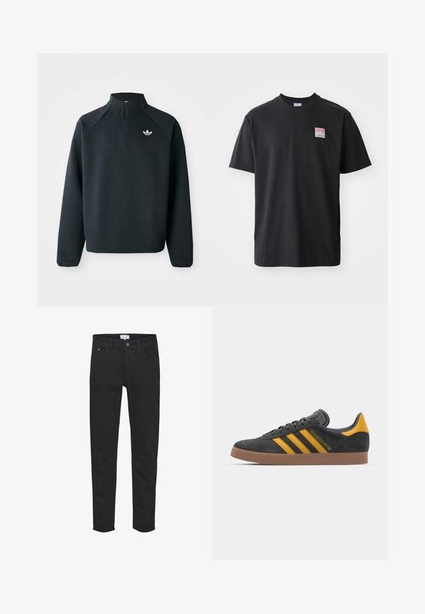 Fekete, negyedcipzáros pulóver, puha anyagból készült, raglán ujjakkal és fehér logóval a mellkason. Az ujjak rugalmasak.; Fekete pamut póló kerek nyakkal, rövid ujjakkal és egy kis színes címkével a bal mellrészen, amelyen a "SUPERIOR" szó szerepel.; A fekete farmernadrág öt zsebből áll, cipzáros, slim fit szabású, és diszkrét varrási részletekkel rendelkezik. Az anyag sima textúrájú.; Fekete velúrbőr sportcipő sárga díszítéssel, három csíkkal és barna gumitalppal. Párnázott nyelvével a kényelem érdekében.