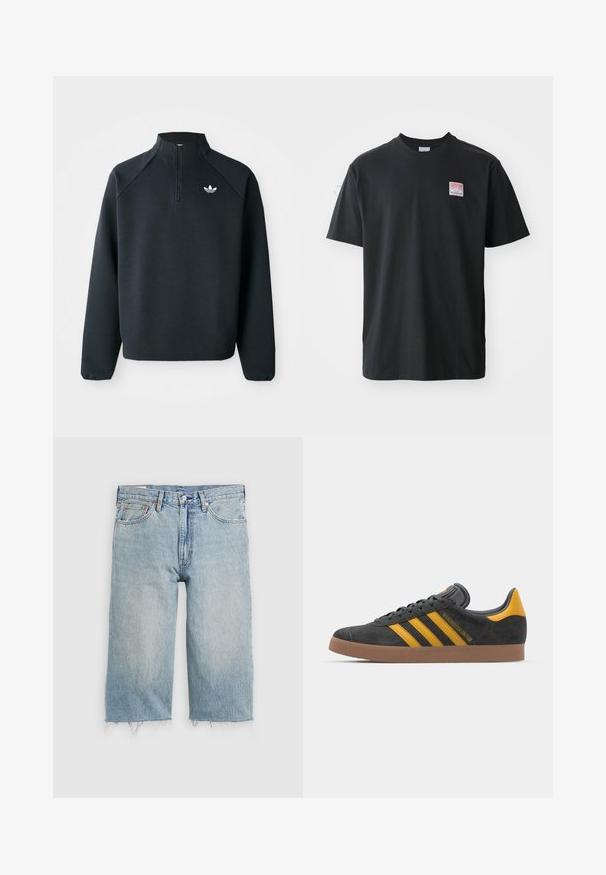 Sweatshirt preto com fecho de correr até ao peito, feito de um tecido suave, com mangas raglan e logótipo branco no peito. As mangas têm punhos elásticos.; T-shirt de algodão preto com decote redondo, mangas curtas e uma pequena etiqueta colorida no lado esquerdo do peito com a palavra "SUPERIOR."; Shorts de ganga azul claro com corte reto, bainha desfiada, design de cinco bolsos e fecho de botão na cintura.; Tenis em camurça preta com detalhes amarelos, apresentando três riscas e uma sola de borracha castanha. Inclui uma língua acolchoada para maior conforto.