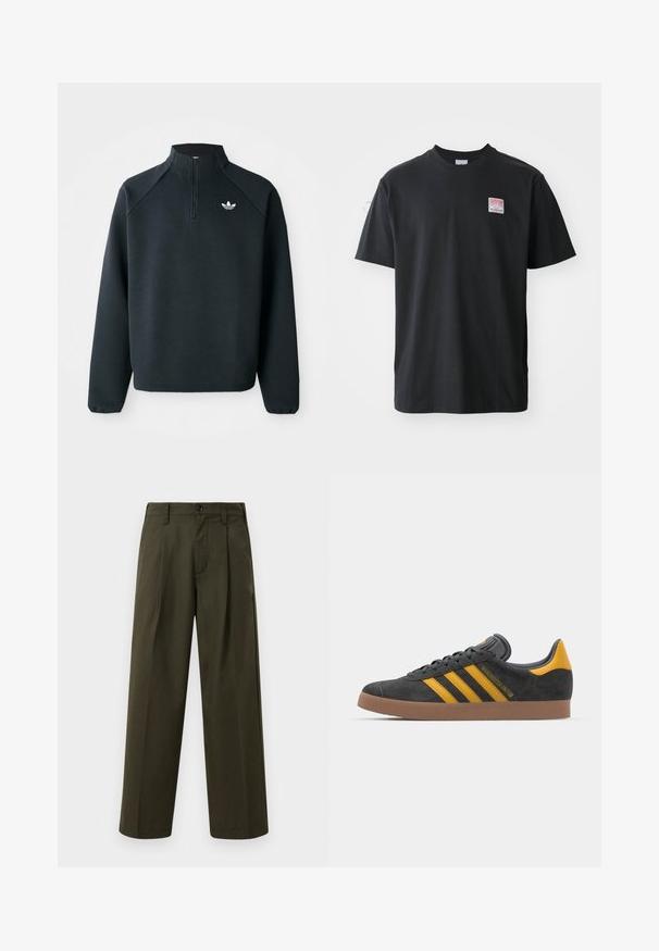 Črna pulover s četrt zadrgo, izdelan iz mehkega blaga, z raglan rokavi in belim logotipom na prsih. Manšete so elastične.; Črna bombažna majica s kratkimi rokavi in okroglim ovratnikom ter majhno obarvano nalepko na levem prsnem delu, na kateri je napisano "SUPERIOR".; Olive zelene široke hlače iz bombaža z gladko teksturo, s sprednjim žepom, zanko za pas in z eno gumbno zapiranje.; Črne semiš tene z rumenimi akcenti, ki vsebujejo tri trakove in rjavo gumo podplat. Vključujejo oblazinjeno jezik za udobje.