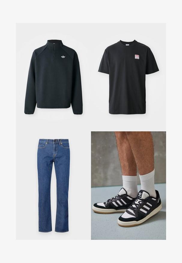 Black quarter-zip sweatshirt made of soft fabric, featuring raglan sleeves and white logo on the chest. Cuffs are elasticized.; Black cotton t-shirt with a crew neck, short sleeves, and a small colored label on the left chest featuring the word "SUPERIOR."; Blue denim straight-leg jeans featuring a button closure, belt loops, and five pockets with subtle stitching details.; Black and white sneakers with a suede and leather upper, featuring three white stripes, a perforated toe, and a gum rubber sole.