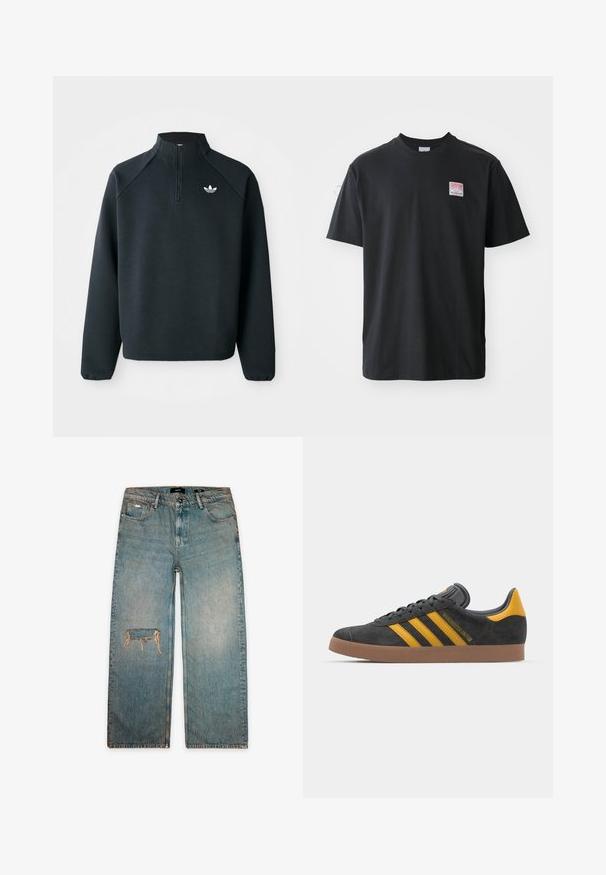 Black quarter-zip sweatshirt made of soft fabric, featuring raglan sleeves and white logo on the chest. Cuffs are elasticized.; Black cotton t-shirt with a crew neck, short sleeves, and a small colored label on the left chest featuring the word "SUPERIOR."; Light wash denim jeans with a loose fit, featuring a frayed knee hole and classic five-pocket design. Unfinished hem at the bottom.; Black suede sneaker with yellow accents, featuring three stripes and a brown rubber sole. Includes a padded tongue for comfort.