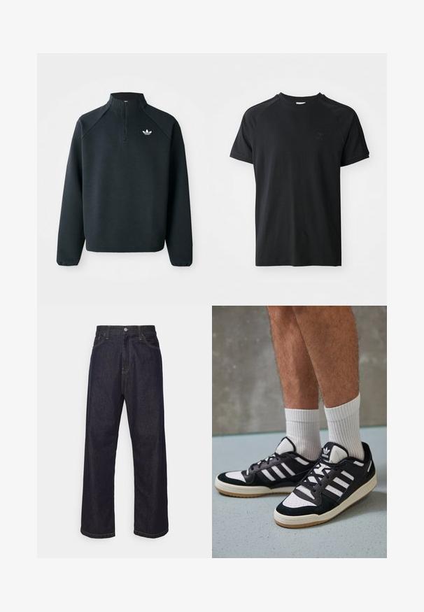 Black quarter-zip sweatshirt made of soft fabric, featuring raglan sleeves and white logo on the chest. Cuffs are elasticized.; Black cotton t-shirt with a crew neck, short sleeves, and raglan design. Features a textured logo on the left chest. Smooth finish.; Dark blue straight-leg denim jeans with yellow stitching, front button, zipper fly, and five-pocket design.; Black and white sneakers with a suede and leather upper, featuring three white stripes, a perforated toe, and a gum rubber sole.