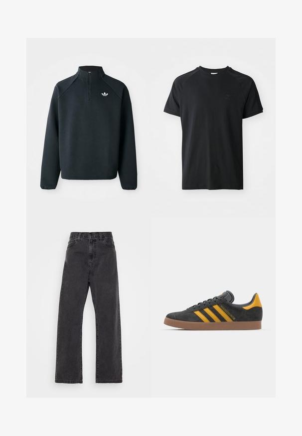 Sweatshirt preto com fecho de correr até ao peito, feito de um tecido suave, com mangas raglan e logótipo branco no peito. As mangas têm punhos elásticos.; T-shirt de algodão preto com decote redondo, mangas curtas e design raglan. Apresenta um logótipo texturizado no lado esquerdo do peito. Acabamento suave.; Jeans de ganga pretos com um design de perna reta, cintura alta e styling clássico de cinco bolsos. Apresenta um acabamento limpo e costura durável.; Tenis em camurça preta com detalhes amarelos, apresentando três riscas e uma sola de borracha castanha. Inclui uma língua acolchoada para maior conforto.