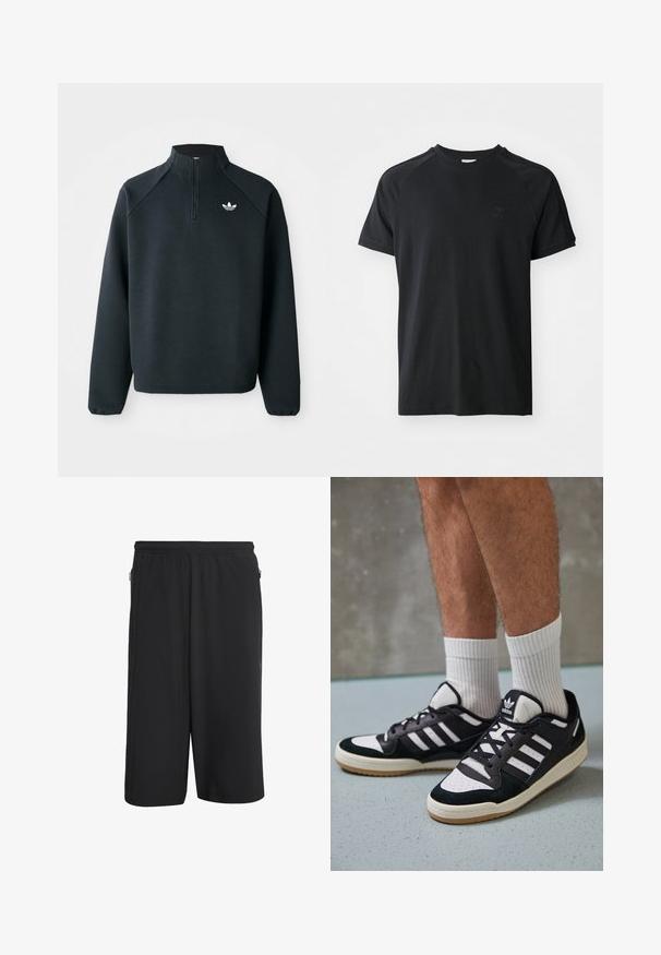 Sweatshirt preto com fecho de correr até ao peito, feito de um tecido suave, com mangas raglan e logótipo branco no peito. As mangas têm punhos elásticos.; T-shirt de algodão preto com decote redondo, mangas curtas e design raglan. Apresenta um logótipo texturizado no lado esquerdo do peito. Acabamento suave.; Calções atléticos pretos com uma cintura elástica, apresentando fechos laterais e um tecido liso e leve. Design simples e funcional.; Ténis em preto e branco com upper em camurça e couro, apresentando três riscas brancas, um toe perfurado e uma sola em borracha de goma.