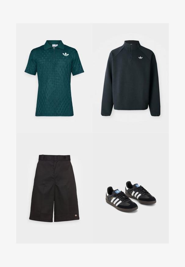 Čierna mikina so štvrťovým zipsom vyrobená z mäkkej tkaniny, s raglánovými rukávmi a bielym logom na hrudi. Rukávy sú elastické.; Tyrkysová polo košeľa s golierom na zips, textúrou v diamantovom vzore a bielym logom na ľavej hrudi. Krátke rukávy.; Čierne bavlnené šortky so rovný strihom, po kolená, s viditeľným logom značky na leme a hladkou štruktúrou.; Čierne tenisky so zvrškom z semišu a syntetického materiálu, s tromi bielymi pruhmi, štruktúrovanou gumovou podrážkou a modrou logovou etiketou na jazyku.