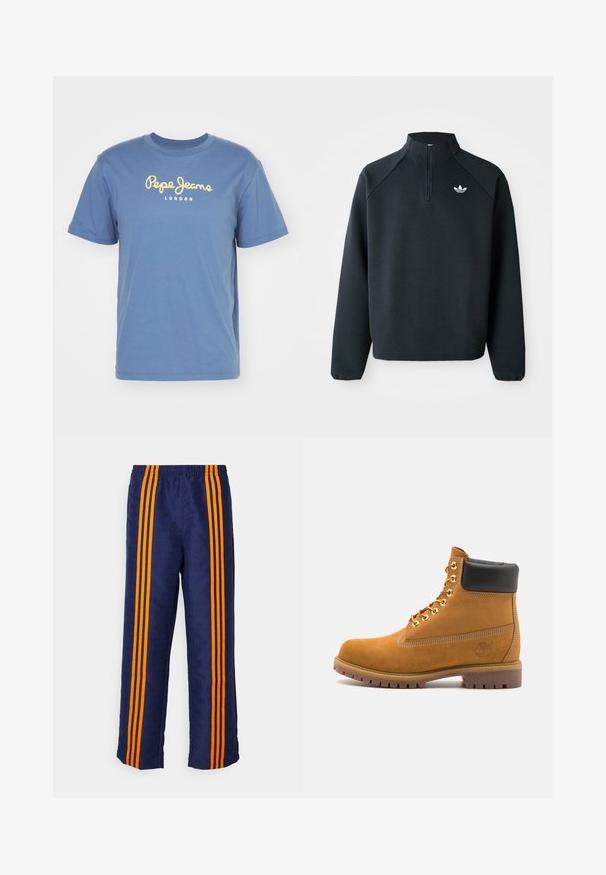 Sweatshirt preto com fecho de correr até ao peito, feito de um tecido suave, com mangas raglan e logótipo branco no peito. As mangas têm punhos elásticos.; Pepe Jeans EGGO - T-shirt estampada - sea blue; Calças de pista azuis com um padrão total e riscas laranja nas laterais, apresentando uma cintura elástica confortável e um corte solto.; Botim de tornozelo em camurça bege com colarinho acolchoado preto, ilhós de metal dourado, detalhes de costura branca e sola de borracha robusta com sulcos pronunciados.