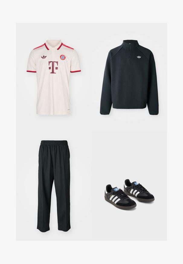 Crni dukserica s četvrtim zatvaračem izrađena od mekog materijala, s raglan rukavima i bijelim logotipom na prsima. Manžetne su elastične.; Svijetlo bež polo majica s crvenim detaljima, koja ima ovratnik, kratke rukave i teksturirani uzorak. Logotipi uključuju Adidas i Bayern München.; Crne atletske hlače s elastičnim pojasom, izrađene od glatkog materijala, s diskretnim bočnim šavovima i opuštenim krojem, ravne nogavice.; Crne tenisice s gornjim dijelom od antilopa i sintetičkog materijala, s tri bijele pruge, teksturiranom gumenom potplatom i plavom oznakom na jeziku.