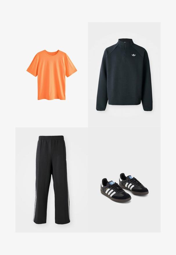Fekete, negyedcipzáros pulóver, puha anyagból készült, raglán ujjakkal és fehér logóval a mellkason. Az ujjak rugalmasak.; Next Basic póló - mottled orange; Fekete melegítőnadrág elasztikus derékkal, fehér oldalsávokkal és laza szabással. Puha, rugalmas anyagból készült.; Fekete sportcipők, velúrból és szintetikus anyagból készült felsőrésszel, három fehér csíkkal, textúrázott gumitalppal és kék logó címkével a nyelvén.