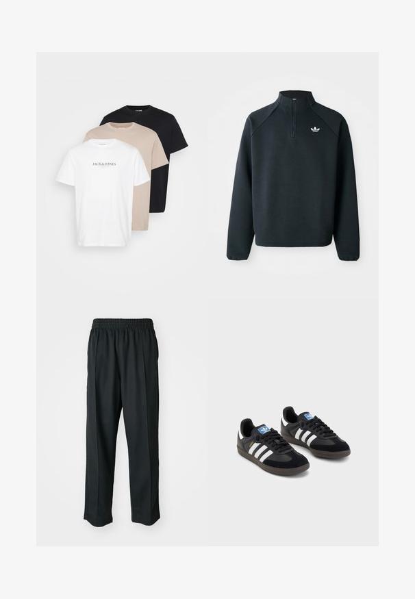 Černá mikina s krátkým zipem vyrobená z měkké tkaniny, s raglánovými rukávy a bílým logem na hrudi. Rukávy mají elastické manžety.; Tři trička poskládaná: bílé s logem, béžové a černé. Vyrobené z bavlny, s kulatým výstřihem, krátkými rukávy a klasickým střihem.; Černé sportovní kalhoty s elastickým pasem, vyrobené z hladké látky, s jemným bočním švem a pohodlným střihem, rovný střih nohavic.; Černé tenisky s vrškem z semiše a syntetického materiálu, s třemi bílými pruhy, texturovanou gumovou podrážkou a modrou nášivkou loga na jazyku.