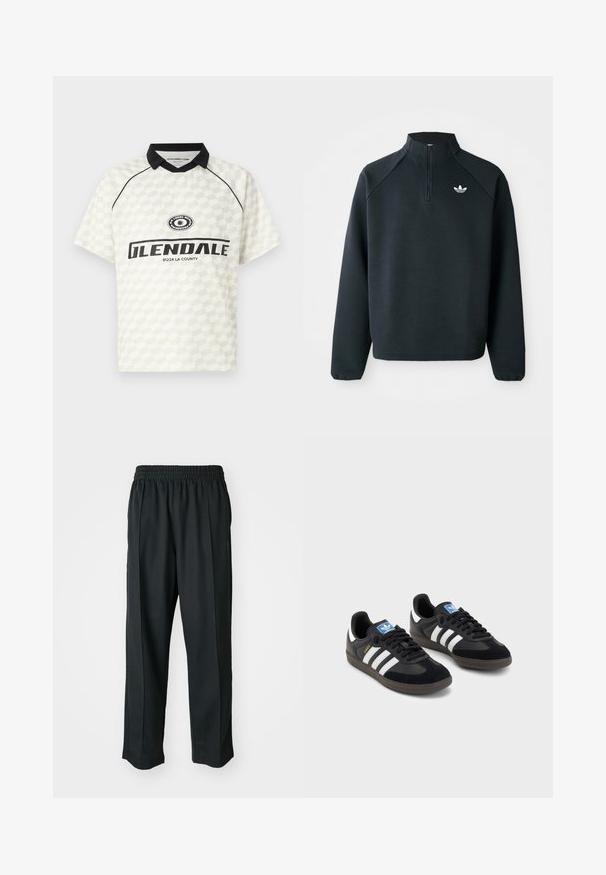 Black quarter-zip sweatshirt made of soft fabric, featuring raglan sleeves and white logo on the chest. Cuffs are elasticized.; Short-sleeve polo shirt in white with a checkered pattern. Black collar, accentuated with a logo and "GLENDALE 91224 LA COUNTY" text.; Black athletic pants with an elastic waistband, made of smooth fabric, featuring subtle side stitching and a relaxed fit, straight leg design.; Black sneakers with a suede and synthetic upper, featuring three white stripes, textured rubber sole, and blue logo tag on the tongue.