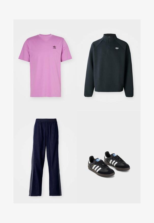 Svart kvartdraget sweatshirt i mjukt tyg, med raglanärmar och vitt logo på bröstet. Ärmarna har elastiska muddar.; Rosa bomullströja med rund halsringning, korta ärmar och en liten svart Adidas-logotyp på vänster bröst. Slät textur och klassisk passform.; Navyblå atletiska byxor med elastiskt midjeband, prydda med tre vita sidolinjer och rak bendesign. Mjuk denimtextur.; Svarta sneakers med övre del av mocka och syntetmaterial, med tre vita ränder, texturerad gummisula och blå logotags på tungan.