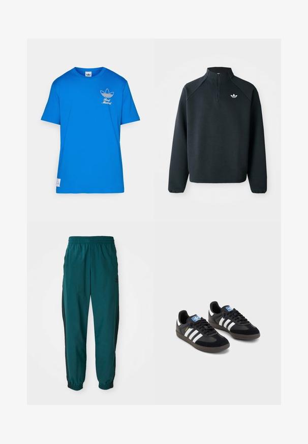 Juodas ketvirčio užtrauktuko megztinis, pagamintas iš minkštos medžiagos, su raglaniniu rankovėmis ir baltu logotipu ant krūtinės. Rankogaliai yra elastiniai.; Mėlynas trumpomis rankovėmis medvilnės marškinėliai su balta Adidas logotipo grafika ir užrašu "Real Madrid" kairėje krūtinės pusėje.; Žalios sportinės kelnės su raišteliu juosmenyje, elastiniais rankogaliais ir šoninėmis juodomis juostomis. Pagamintos iš lengvos medžiagos, su logotipu šalia klubų.; Juodi sportiniai bateliai su zomšos ir sintetine viršutine dalimi, turintys tris baltas juosteles, tekstūruotą gumos pado paviršių ir mėlyną logotipo etiketę ant liežuvėlio.