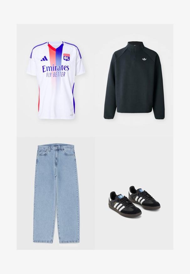 Zwarte kwart-zip sweatshirt gemaakt van zachte stof, met raglanmouwen en een wit logo op de borst. De manchet is elastisch.; Witte sporttrui met een gradiënt van rode en blauwe strepen, voorzien van het "Emirates"-logo en het "OL"-embleem, gemaakt van soepel, lichtgewicht materiaal.; Lichtblauwe denim jeans met een recht model, voorzien van een middelhoge taille, vijf zakken en een knoop- en ritssluiting.; Zwarte sneakers met een bovenwerk van suède en synthetisch materiaal, voorzien van drie witte strepen, een gestructureerde rubberen zool en een blauw logo-label op de tong.