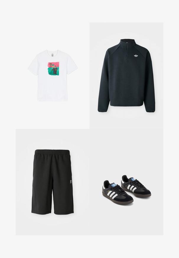 Črna pulover s četrt zadrgo, izdelan iz mehkega blaga, z raglan rokavi in belim logotipom na prsih. Manšete so elastične.; Bela bombažna majica s kratkimi rokavi, ki prikazuje barvno, abstractno risbo sonca in figure na zeleni podlagi, oblečeni v roza okvir.; Črne bombažne kratke hlače z elastiko v pasu, stranskimi šivi in majhnim belim logotipom na levi nogi. Gladka tekstura, model do kolen.; Črne športne copate z zgornjim delom iz semiša in sintetičnih materialov, ki imajo tri bele črte, teksturiran gumijast podplat in modro označevalno oznako na jeziku.