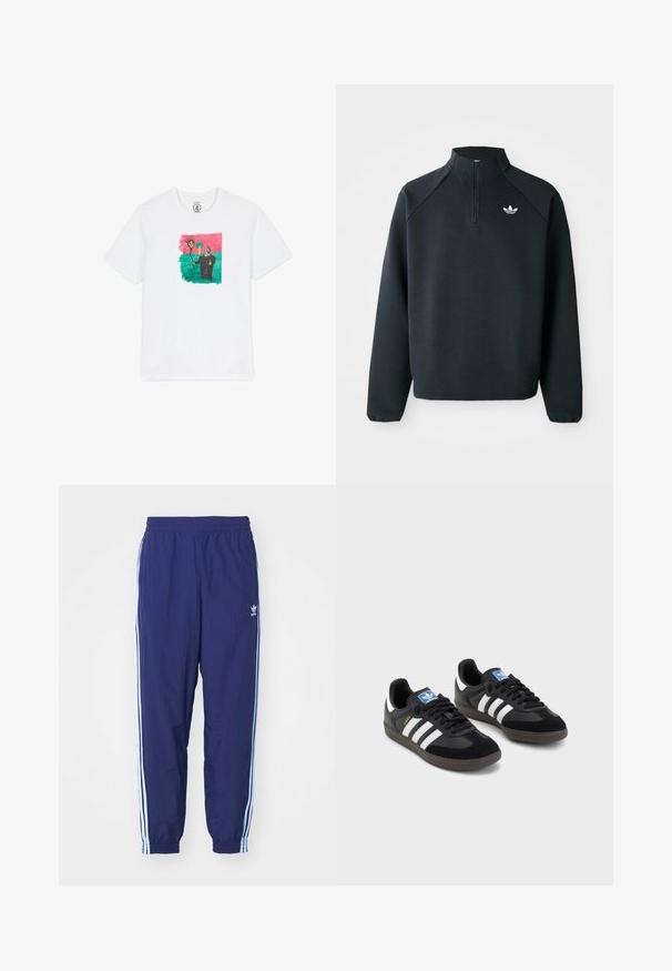 Felpa nera a mezza zip realizzata in tessuto morbido, con maniche raglan e logo bianco sul petto. I polsini sono elasticizzati.; T-shirt bianco in cotone con un disegno astratto colorato che rappresenta un sole e una figura su uno sfondo verde, incorniciato di rosa. Maniche corte.; Pantaloni sportivi blu navy con vita elastica, tasche laterali e strisce azzurre lungo i lati; realizzati in tessuto leggero.; Sneakers neri con tomaia in suede e materiale sintetico, caratterizzati da tre strisce bianche, suola in gomma testurizzata e etichetta blu sul linguetta.