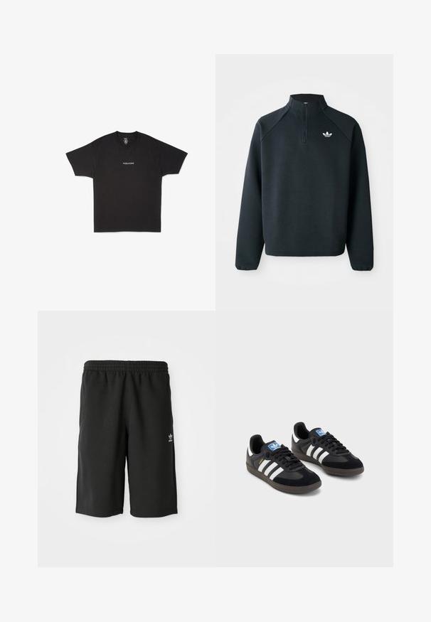 Črna pulover s četrt zadrgo, izdelan iz mehkega blaga, z raglan rokavi in belim logotipom na prsih. Manšete so elastične.; Črna bombažna majica s kratkimi rokavi in okroglim ovratnikom, na sprednji strani pa je natisnjen majhen bel logotip "VOLCOM".; Črne bombažne kratke hlače z elastiko v pasu, stranskimi šivi in majhnim belim logotipom na levi nogi. Gladka tekstura, model do kolen.; Črne športne copate z zgornjim delom iz semiša in sintetičnih materialov, ki imajo tri bele črte, teksturiran gumijast podplat in modro označevalno oznako na jeziku.