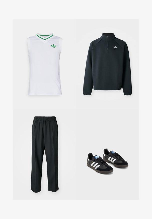 Black quarter-zip sweatshirt made of soft fabric, featuring raglan sleeves and white logo on the chest. Cuffs are elasticized.; Sleeveless white athletic top with a v-neck, green collar accents, and a small green logo on the chest. Mesh texture for breathability.; Black athletic pants with an elastic waistband, made of smooth fabric, featuring subtle side stitching and a relaxed fit, straight leg design.; Black sneakers with a suede and synthetic upper, featuring three white stripes, textured rubber sole, and blue logo tag on the tongue.