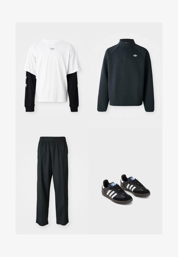 Μαύρο φούτερ με φερμουάρ μέχρι το μισό, φτιαγμένο από μαλακό ύφασμα, με ραγκλάν μανίκια και λευκό λογότυπο στο στήθος. Οι μανσέτες είναι ελαστικές.; Λευκό T-shirt με κοντά μανίκια και μαύρα μακριά μανίκια. Τα μαύρα μανίκια διαθέτουν λευκά σχέδια αστεριών. Μαλακό βαμβακερό υλικό, άνετη εφαρμογή.; Μαύρο αθλητικό παντελόνι με ελαστική μέση, κατασκευασμένο από λείο ύφασμα, με διακριτική ραφή στο πλάι και χαλαρή εφαρμογή, σχέδιο ίσιου ποδιού.; Μαύρα αθλητικά παπούτσια με επάνω μέρος από σουέτ και συνθετικό υλικό, με τρεις λευκές ρίγες, υφασμάτινη σόλα από καουτσούκ και μπλε ταυτότητα λογότυπου στη γλώσσα.