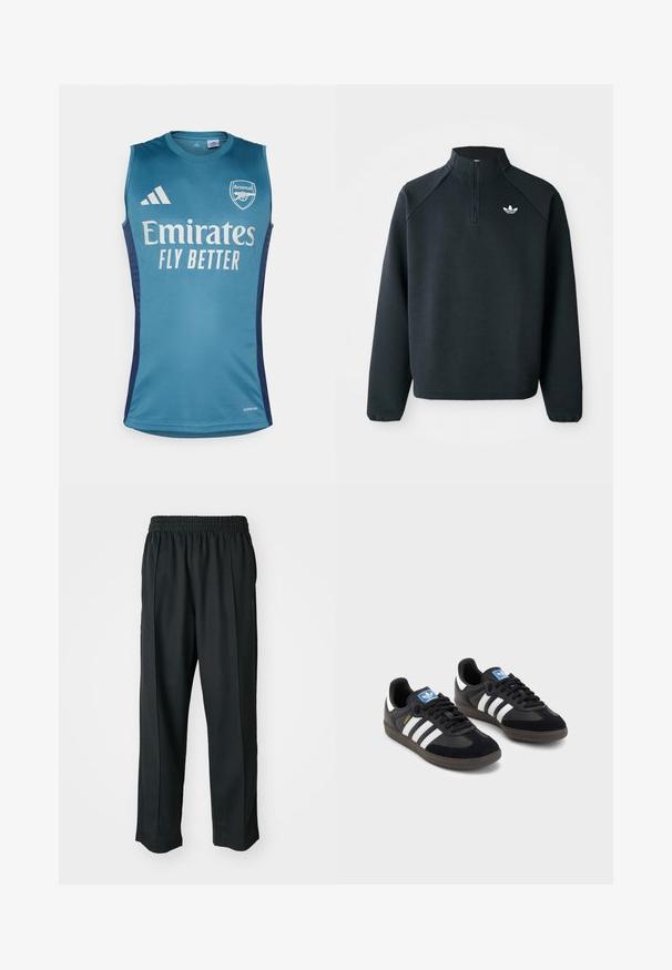 Black quarter-zip sweatshirt made of soft fabric, featuring raglan sleeves and white logo on the chest. Cuffs are elasticized.; Aqua sleeveless jersey featuring the Arsenal logo, "Emirates Fly Better" text, and dark blue side accents. Made of smooth fabric.; Black athletic pants with an elastic waistband, made of smooth fabric, featuring subtle side stitching and a relaxed fit, straight leg design.; Black sneakers with a suede and synthetic upper, featuring three white stripes, textured rubber sole, and blue logo tag on the tongue.